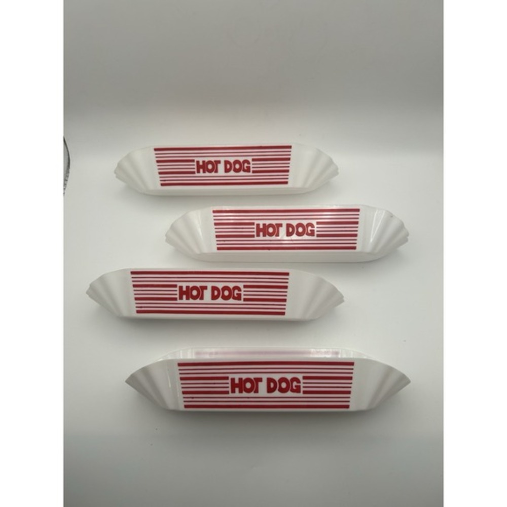 4-PC Classic Plastic Hot‎ Dog Trays Holders White Red Pleated Ends Reusable